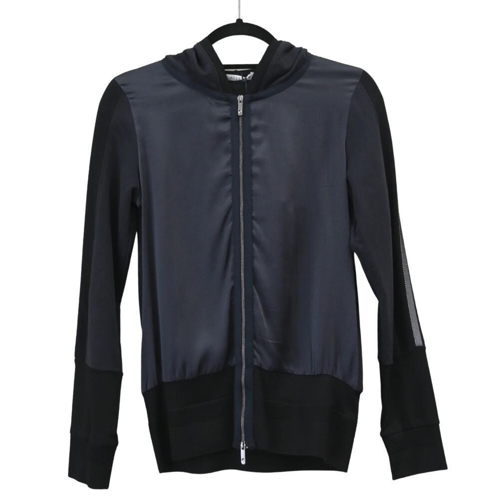 Callens Navy Blue Satin Mesh Knit Hooded Zip Up Active Jacket Size S